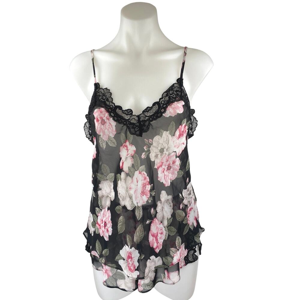 In Bloom by Jonquil Black Floral Lace Sheer Sleeveless Cami Sleepwear Chemise S